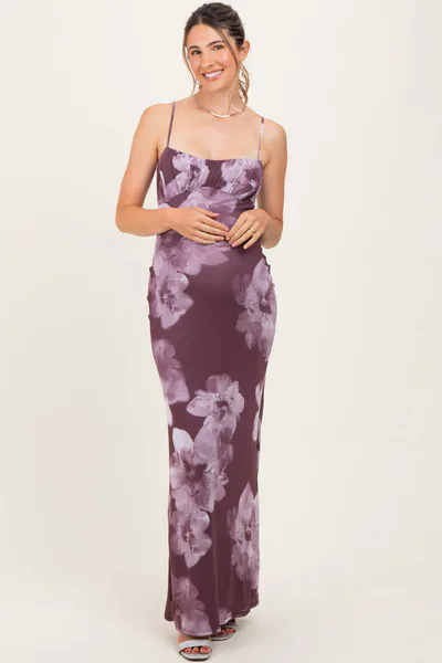 PinkBlush Purple Floral Mesh Sleeveless Cutout Maternity Maxi Dress