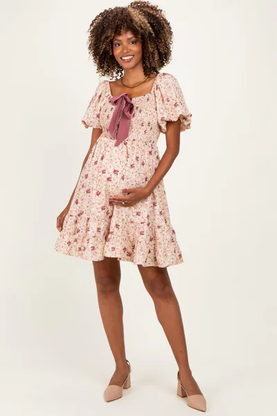 PinkBlush Burgundy Bow Smocked Bubble Sleeve Maternity Mini Dress