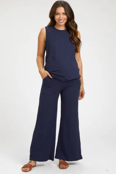 PinkBlush Navy Blue Slub Knit Maternity Pants Set