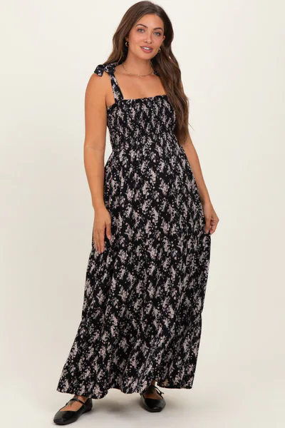 PinkBlush Black Floral Shoulder Tie Maternity Maxi Dress