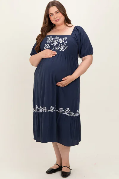 PinkBlush Navy Embroidered Floral Square Neck Maternity Plus Maxi Dress
