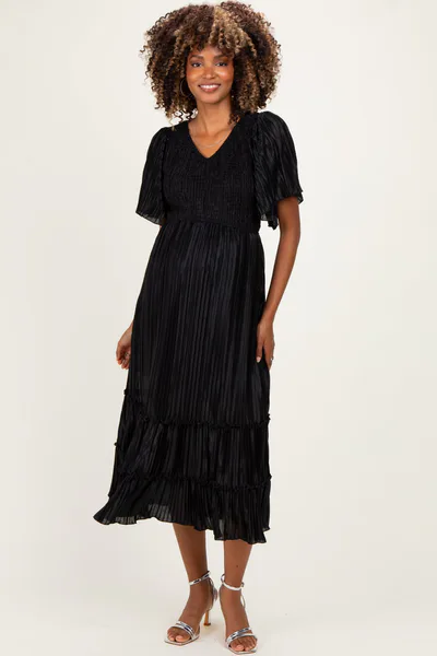 PinkBlush Black Pleated Satin Smocked Maternity Midi Dress