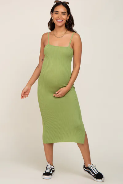 PinkBlush Light Olive Ribbed Knit Side Slit Maternity Midi Dress