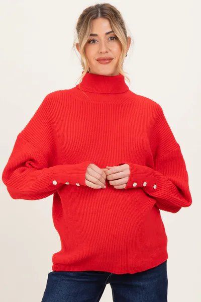 PinkBlush Red Button Accent Turtleneck Maternity Sweater