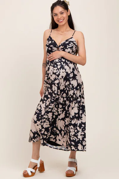 PinkBlush Black Floral Keyhole Detail Maternity Maxi Dress