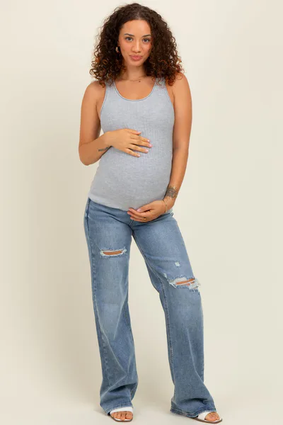 PinkBlush Blue Ripped Knee Wide Leg Maternity Jeans