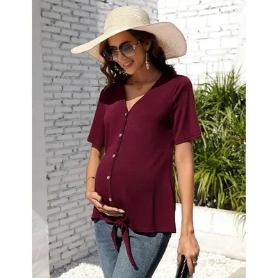 Target Women's V-Neck Button-Front Maternity Top Short Sleeve Knotted Hem Pregnancy Blouse Wine Red XL