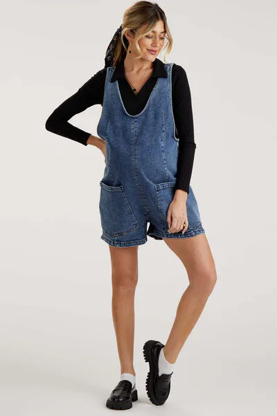 PinkBlush Blue Denim Scoop Neck Maternity Short Overall
