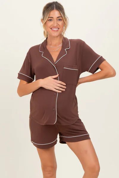 PinkBlush Brown Short Sleeve Button Down Shirt Shorts Maternity Set