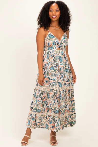 PinkBlush Ivory Floral Twist Front Keyhole Lace Trim Maternity Maxi Dress