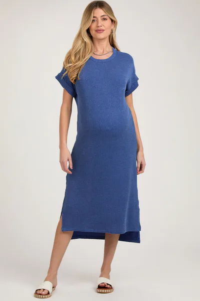 PinkBlush Blue Ribbed Short Sleeve Maternity Midi Dress