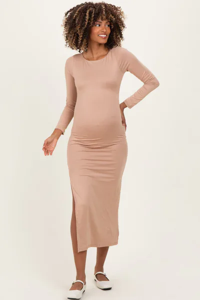 PinkBlush Beige Boat Neck Fitted Long Sleeve Side Slit Maternity Maxi