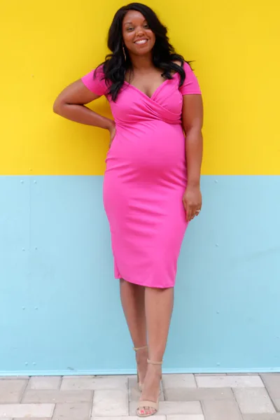 PinkBlush Magenta Solid Off Shoulder Maternity Fitted Dress