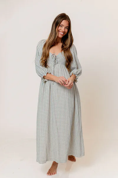 Worth Collective Cecilia 100% Cotton Smocked Maxi Dress in Light Indigo Plaid (Lined) - Bump Friendly