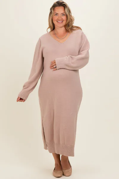 PinkBlush Taupe V-Neck Relaxed Fit Maternity Plus Sweater Dress