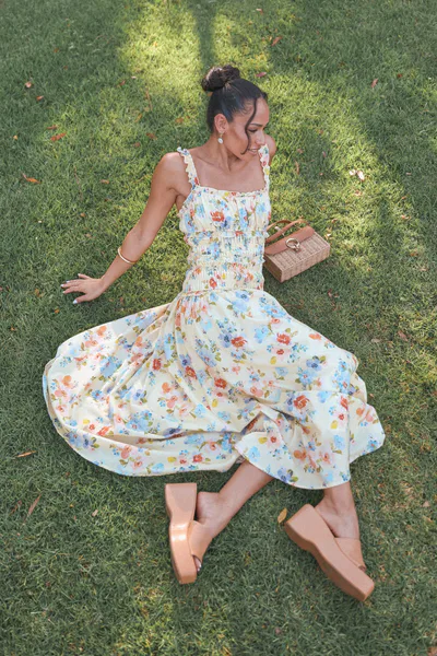 Petal & Pup Enola Gather Midi Dress - Yellow Floral