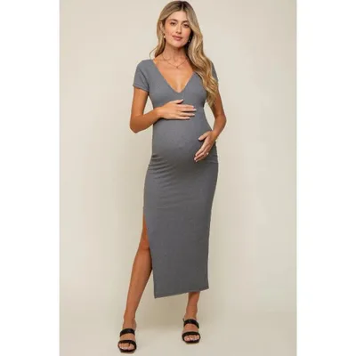 Target PinkBlush Grey Basic Ribbed Side Slit Maternity Midi Dress Grey Large