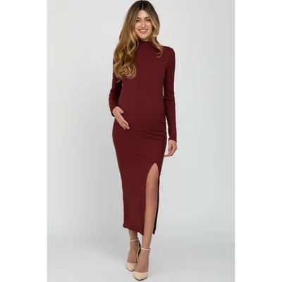 Target PinkBlush Burgundy Ribbed Mock Neck Side Slit Maternity Maxi Dress Burgundy Medium
