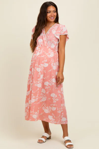 PinkBlush Peach Floral Crochet Trim Maternity Midi Dress