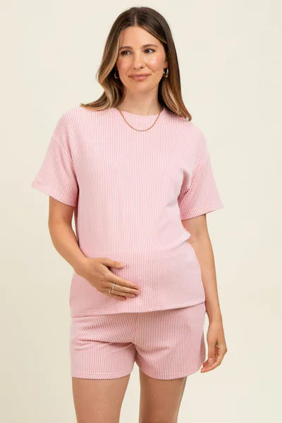 PinkBlush Pink Ribbed Short Sleeve Tee and Short Maternity Set