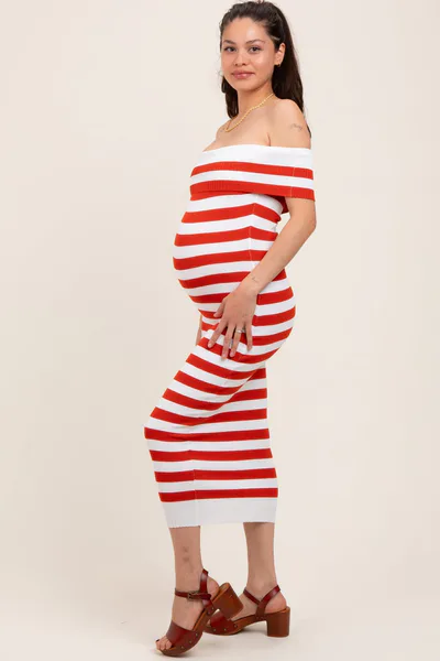PinkBlush Red Striped Off Shoulder Maternity Midi Sweater Dress