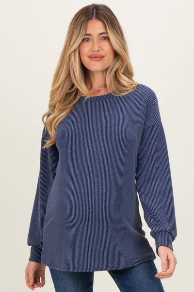 PinkBlush Navy Puff Sleeve Solid Ribbed Maternity Top