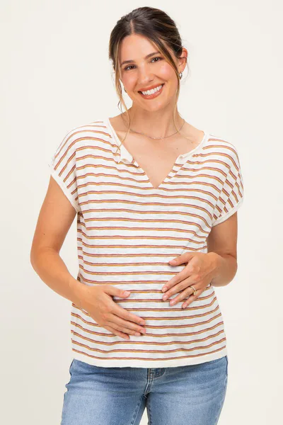 PinkBlush Rust Split Neck Striped Knit Maternity Top