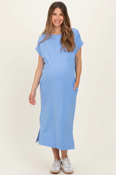 PinkBlush Cornflower Blue Pocket Front Maternity Midi T-Shirt Dress