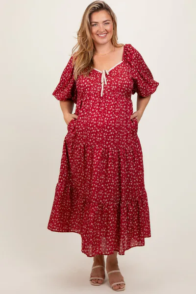 PinkBlush Red Floral Puff Sleeve Tiered Maternity Plus Maxi Dress