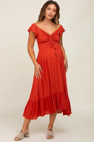 PinkBlush Rust Smocked Ruched Ruffle Hem Maternity Maxi Dress