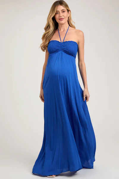 PinkBlush Royal Blue Smocked Halter Maternity Maxi Dress