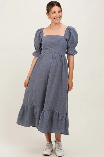 PinkBlush Navy Gingham Square Neck Maternity Midi Dress