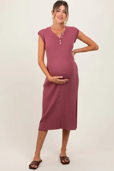 PinkBlush Mauve Ribbed Knit Button Up Sleeveless Maternity Midi Dress