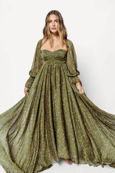 Worth Collective Delilah Floral Maxi Dress with Train in Dark Green - Bump Friendly *9/17 PRE-ORDER*
