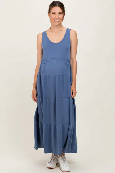 PinkBlush Navy Blue Solid Tiered French Terry Maternity Maxi Dress