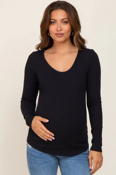 PinkBlush Black Ribbed Scoop Neck Long Sleeve Maternity Top