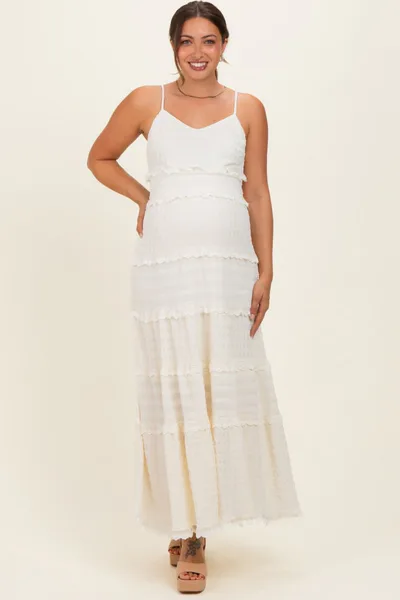 PinkBlush Ivory Textured Tiered Lace Trim Maternity Maxi Dress