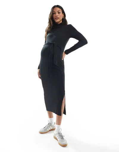 ASOS Mamalicious Maternity jersey ribbed turtle neck midi dress in black
