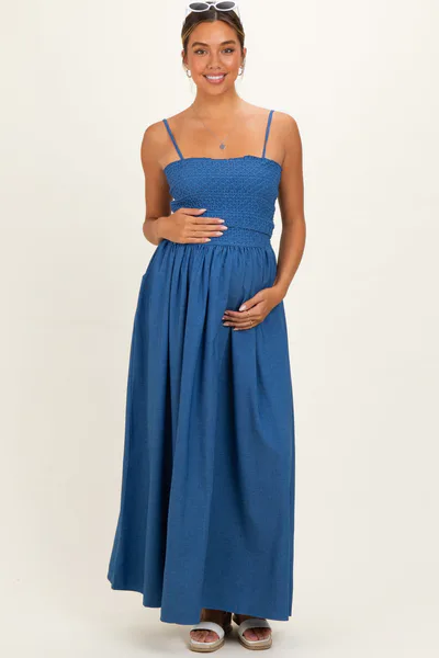 PinkBlush Blue Chambray Smocked Top Maternity Maxi Skirt Set