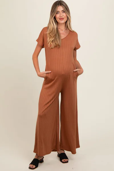 PinkBlush Camel Ribbed Wide Leg Maternity Jumpsuit