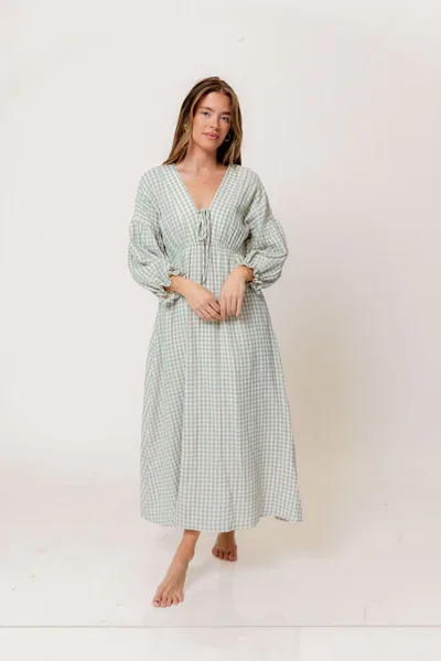 Worth Collective Hunter 100% Cotton Midi Dress in Aqua Plaid (Lined) - Bump Friendly