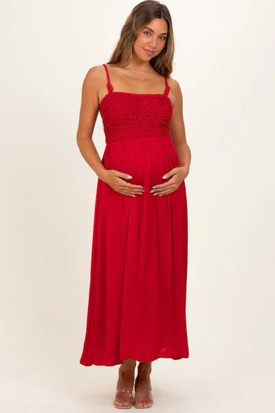 PinkBlush Red Textured Smocked Maternity Maxi Dress