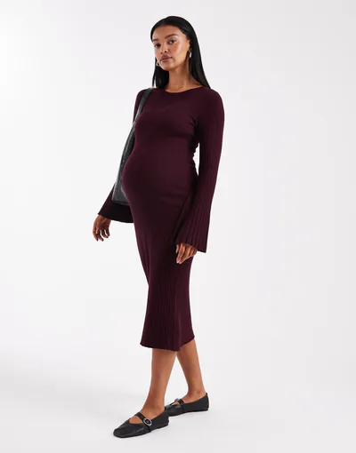 ASOS Mamalicious Maternity rib knit tie waist midi dress in burgundy