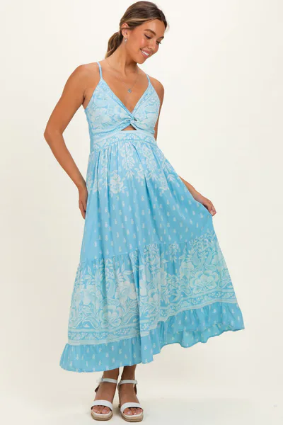 PinkBlush Light Blue V-Neck Twist Front Cut Out Maternity Maxi Dress
