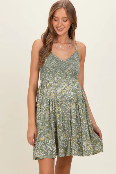 PinkBlush Green Floral Sleeveless Tiered Maternity Dress