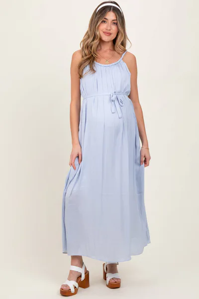 PinkBlush Light Blue Braided Neckline Maternity Maxi Dress