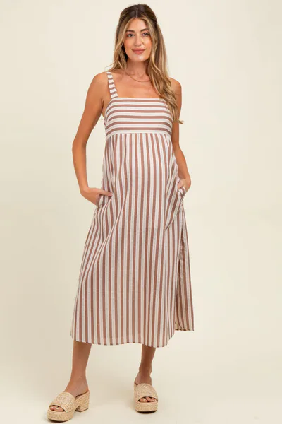 PinkBlush Mocha Striped Sleeveless Maternity Midi Dress