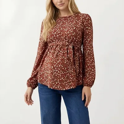 Target Anna-Kaci Women's Boho Floral Maternity Blouse - Flowy Peplum Long Sleeve Babydoll Top - Large, Brown