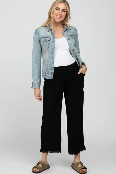 PinkBlush Black Linen Frayed Hem Crop Maternity Pants