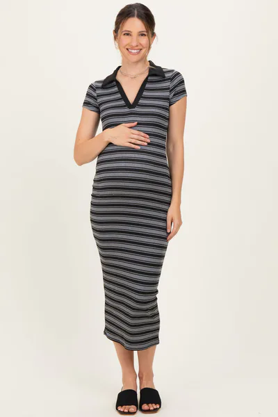 PinkBlush Heather Grey Striped Collared Maternity Midi Dress